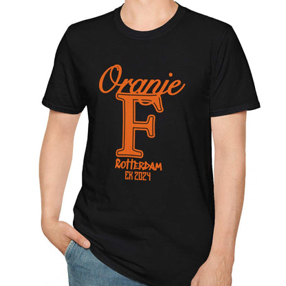 T-shirt regular zwart - EK 2024 - Rotterdam Oranje - logo voor groot